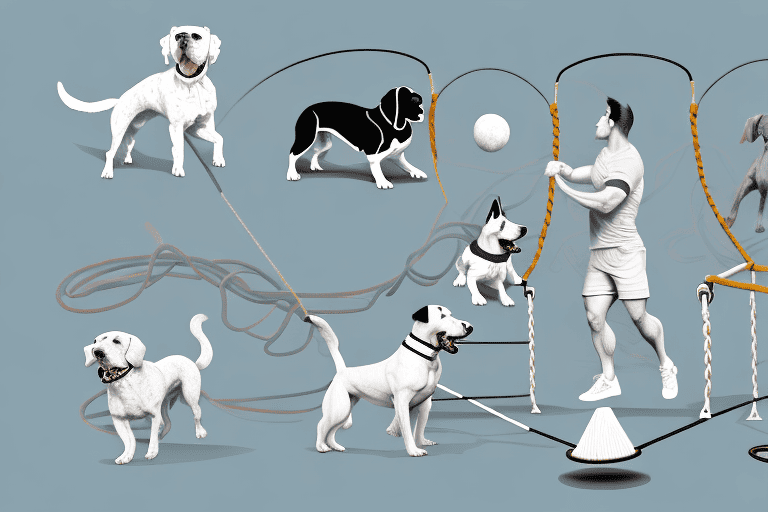 Several different breeds of dogs engaged in various types of play