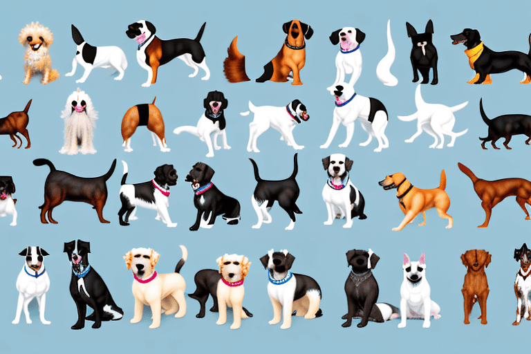 Various breeds of dogs at a starting line