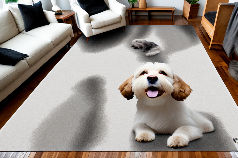 Several different types of area rugs with various dog breeds sitting or playing on them