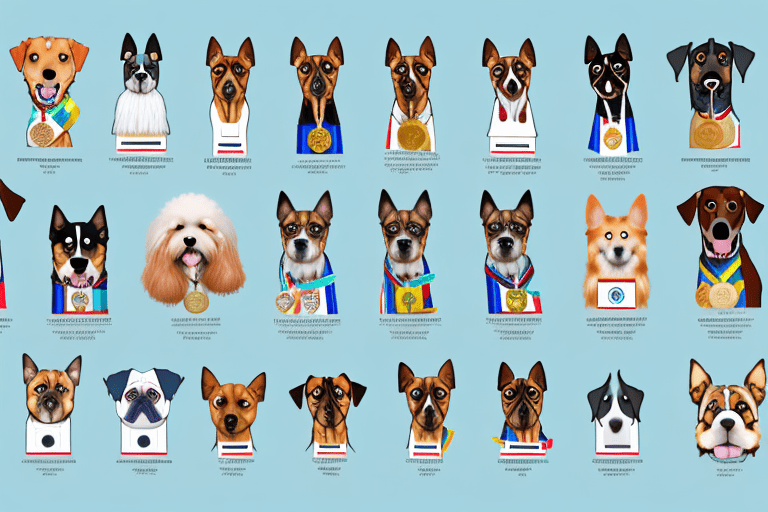 Various dog breeds standing next to different representative symbols such as a medal