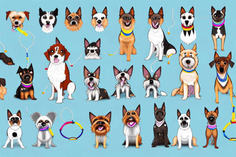 Various types of dogs with different colored tags hanging from their collars