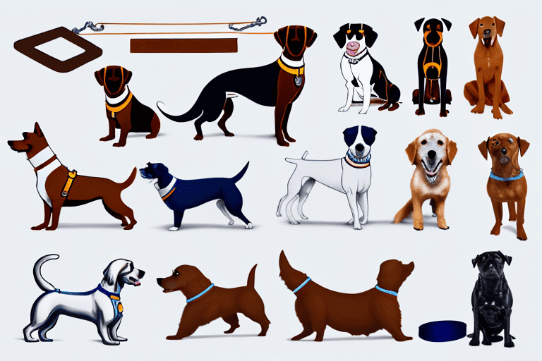 Various types of dog restraints such as harnesses