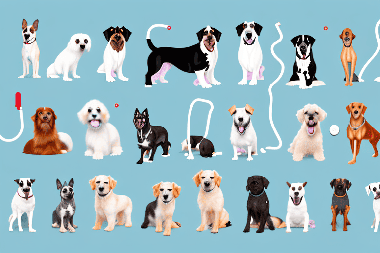 Various breeds of dogs with subtle visual cues indicating different types of sickness