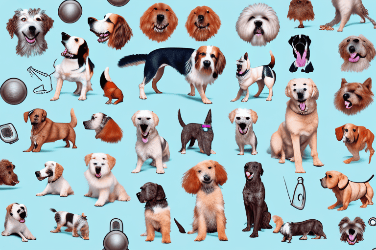 Various breeds of dogs in mid-bark