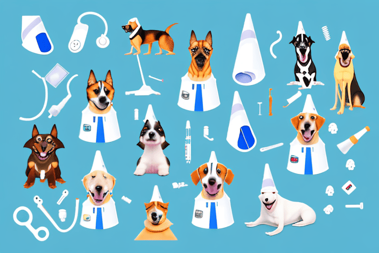 Various dogs in a veterinary clinic setting