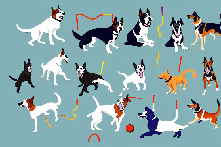 Various dogs engaged in different sports such as agility courses