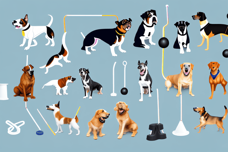 Various dogs engaged in different training activities such as agility courses