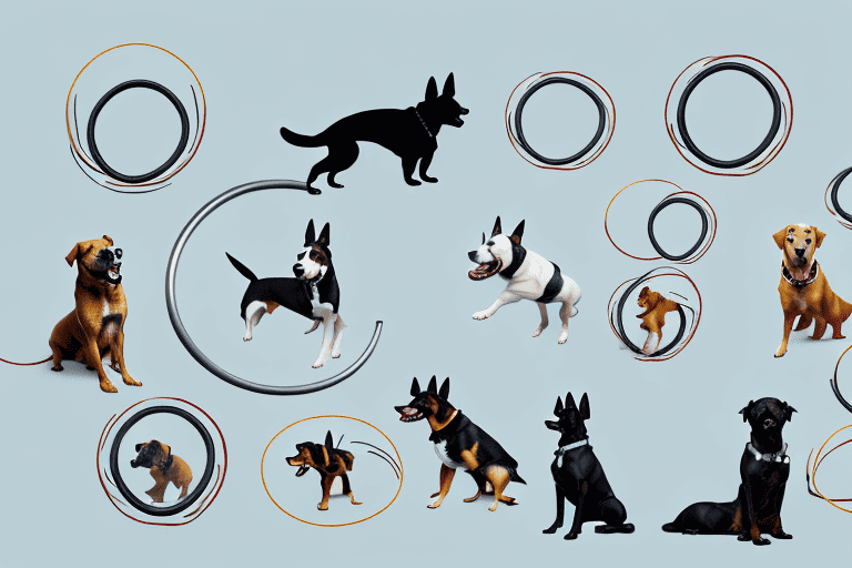 Various dogs demonstrating different training techniques such as agility training (jumping through hoops)