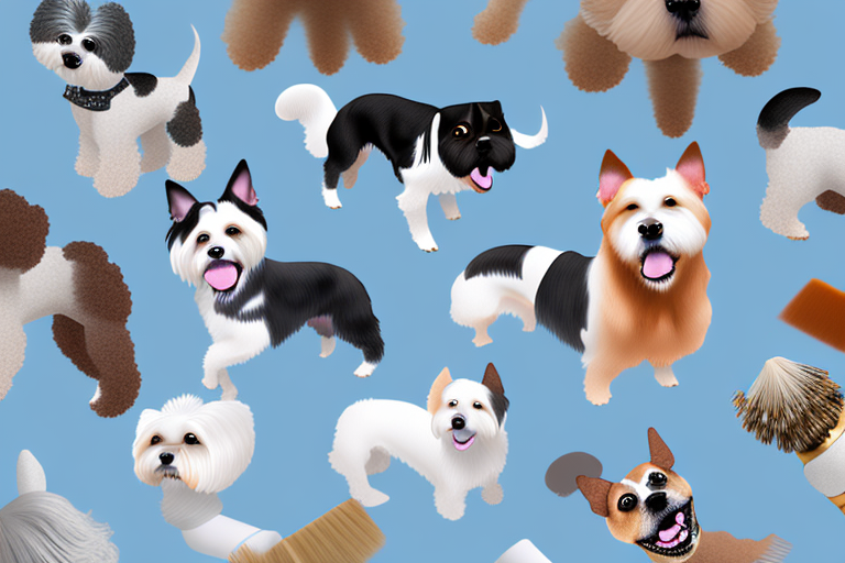 Several short-haired dog breeds each with a different type of brush next to them