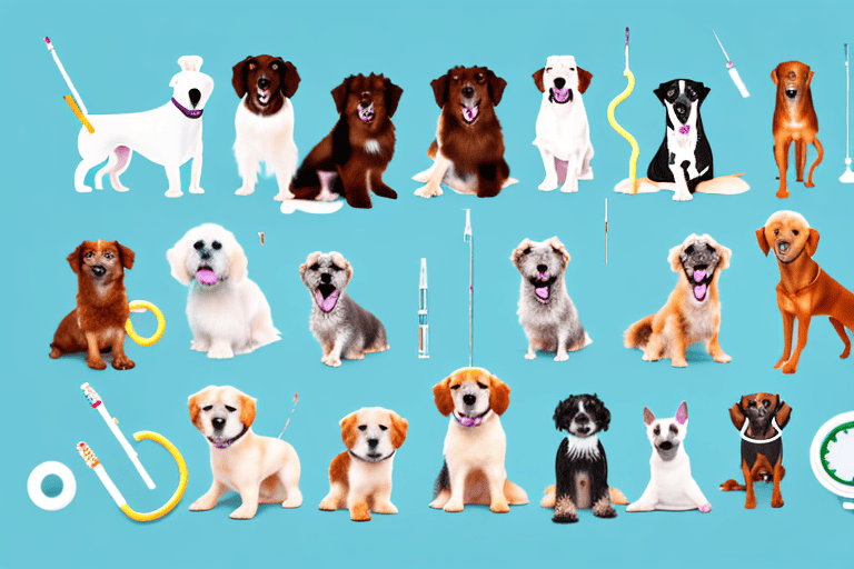 Several different breeds of dogs with a variety of vaccination syringes