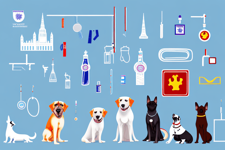 Various types of dogs with a veterinarian holding a syringe