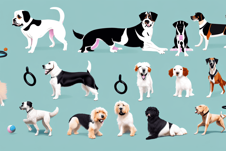 Various breeds of dogs engaged in different types of exercise activities such as running