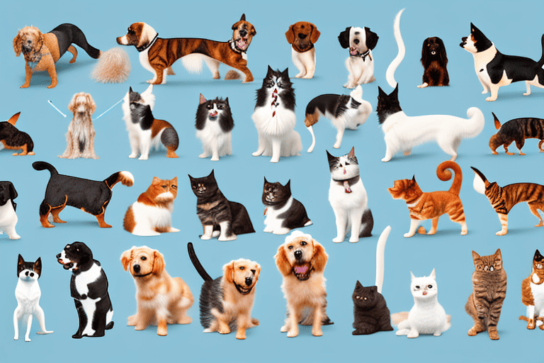 Various breeds of dogs and cats