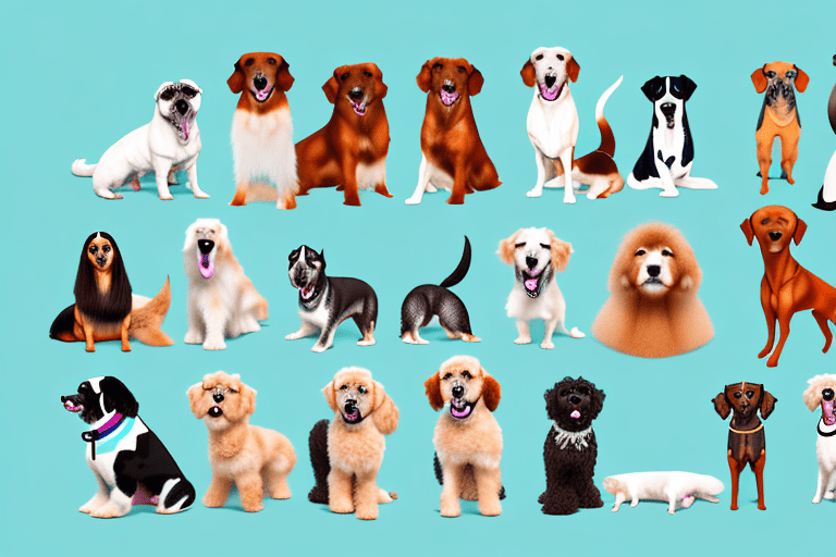 Various breeds of dogs standing next to price tags