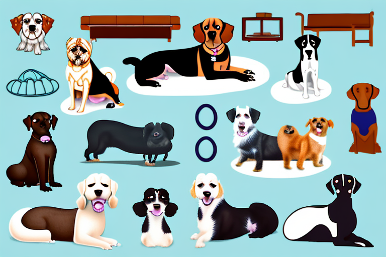 A few different styles of dog-friendly couches with various breeds of dogs comfortably lounging on them