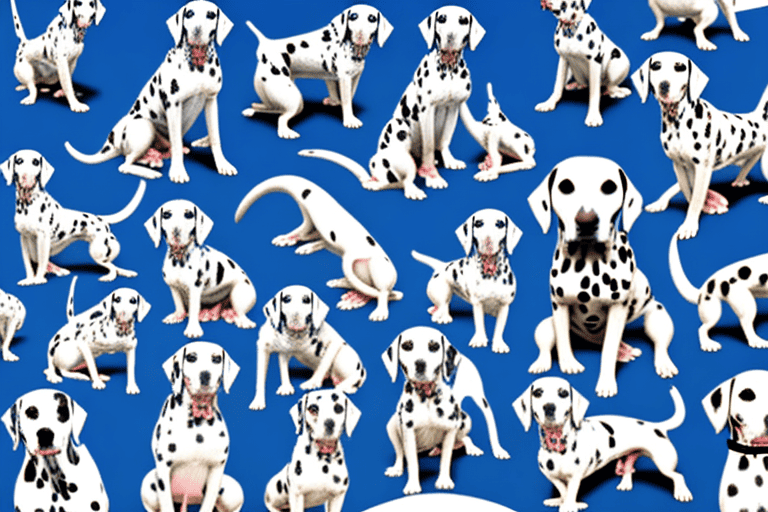 Various dalmatian dogs in different poses and sizes