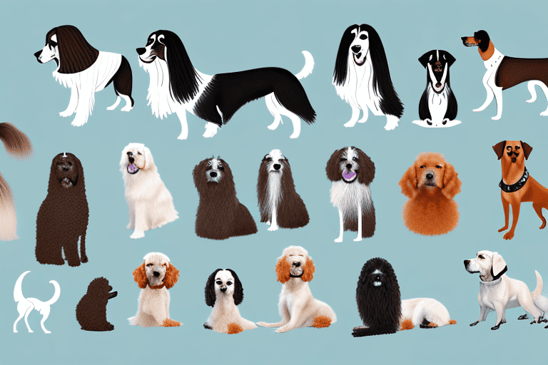 Several different types of dogs with long hair