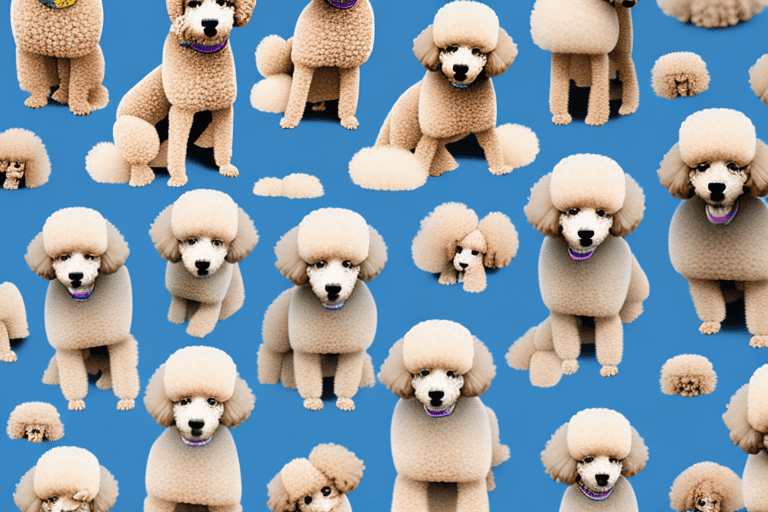 Several different types of poodle mixes in various playful poses