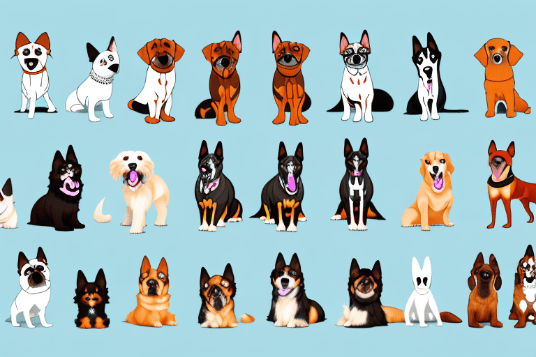 Various types of dogs in different poses and sizes