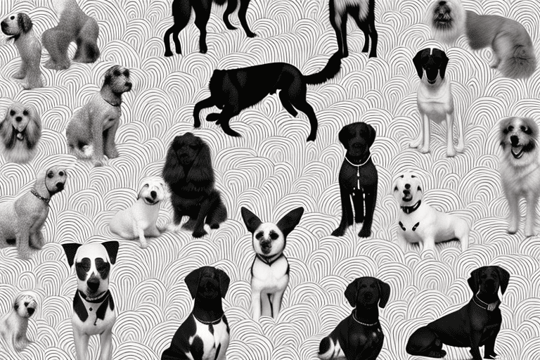 Several different breeds of dogs in black and white