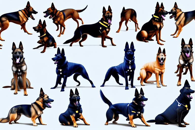 Several different breeds of dogs commonly used by police forces