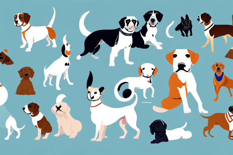 Several diverse breeds of dogs with prominently floppy ears in a playful