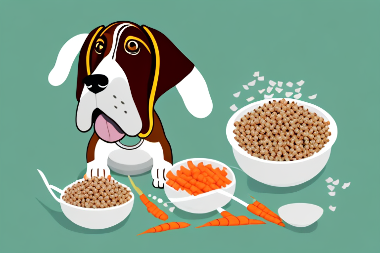 A basset hound happily eating from a bowl filled with high-quality dog food