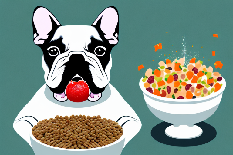 A french bulldog happily eating from a bowl filled with high-quality