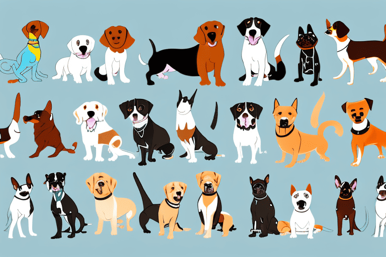 Several diverse types of family-friendly dog breeds interacting in a homely environment