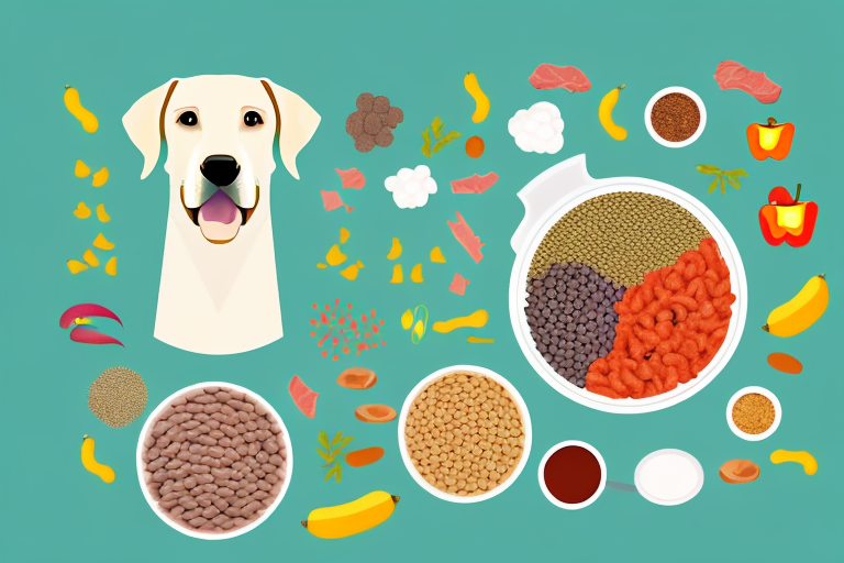 A labrador retriever happily eating from a bowl filled with nutritious dog food