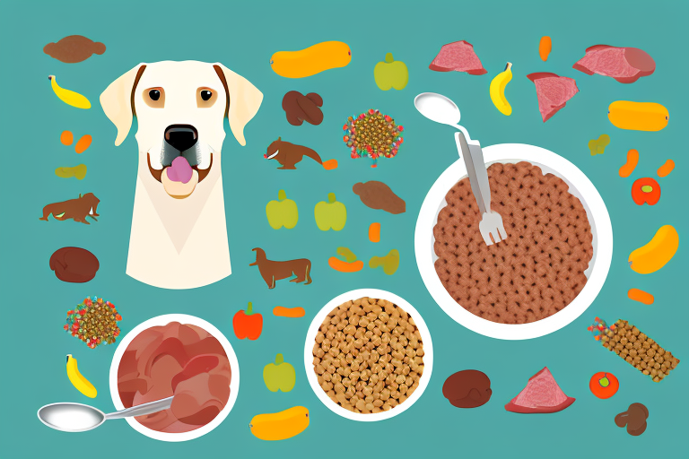 A labrador retriever happily eating from a bowl filled with high-quality dog food