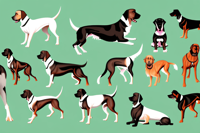 Several different breeds of german hunting dogs in various hunting poses