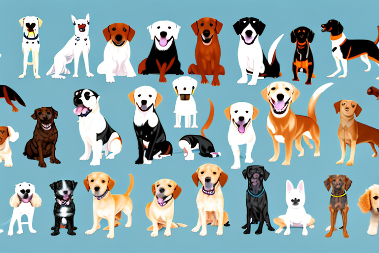 A variety of friendly-looking dog breeds of different sizes and colors