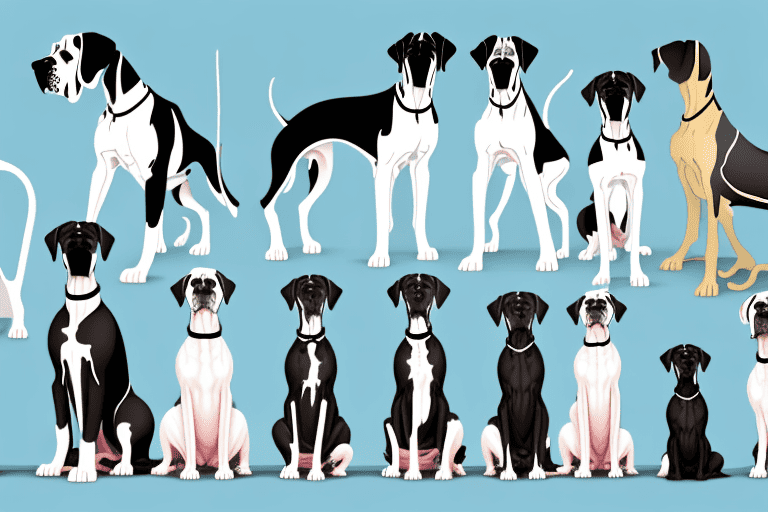 Various types of great dane dogs showcasing their distinct features and colors