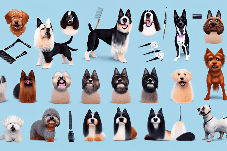 Various dog breeds each being groomed differently