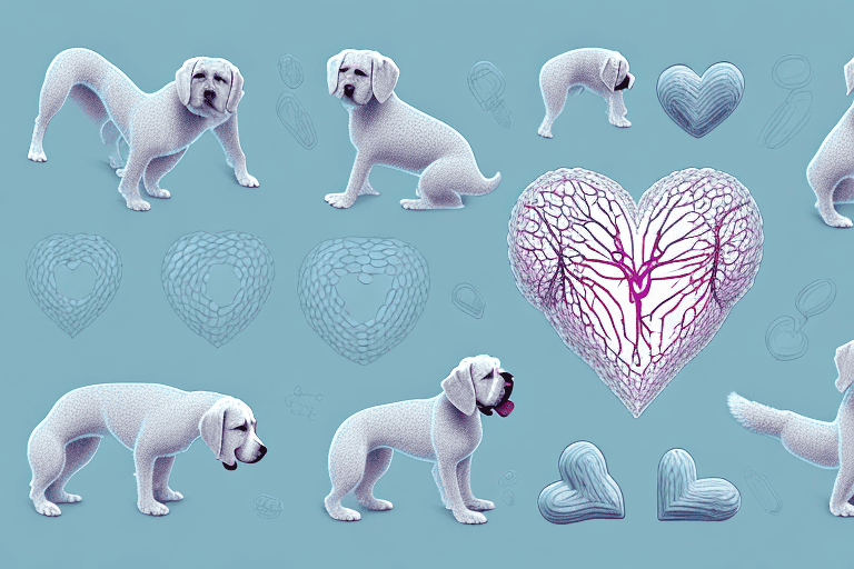 Different breeds of dogs with a transparent chest area showing a detailed but simplified representation of their heart