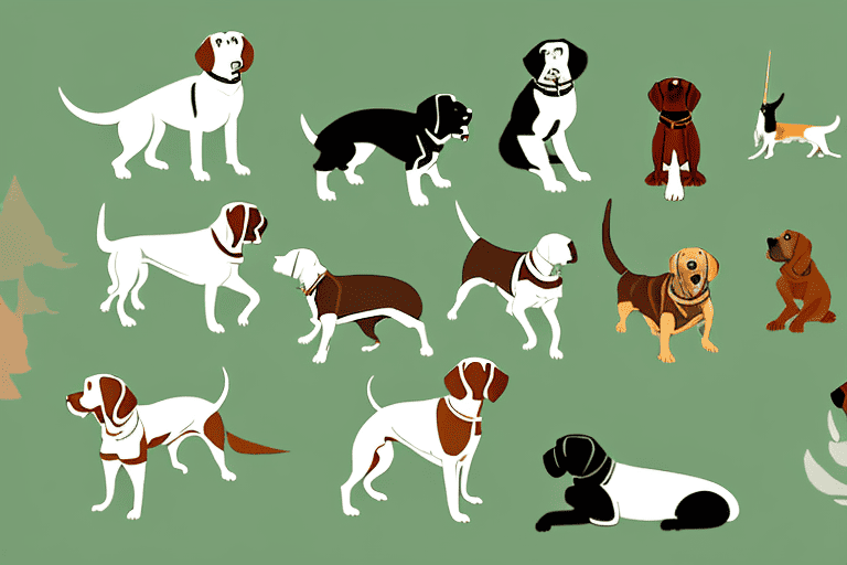 Various breeds of dogs in different hunting scenarios