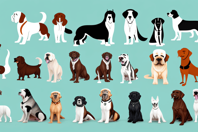 Several different types of large dog breeds in various poses