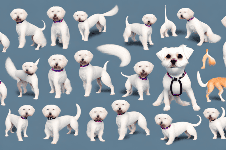 Several different types of small white dog breeds in various playful poses