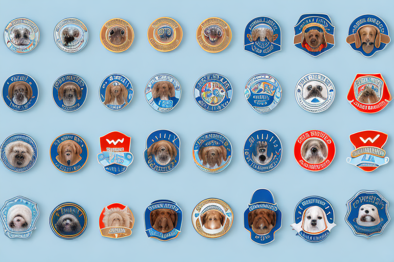 Several different types of dogs wearing various training badges