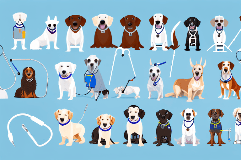 Different breeds of dogs wearing medical vests