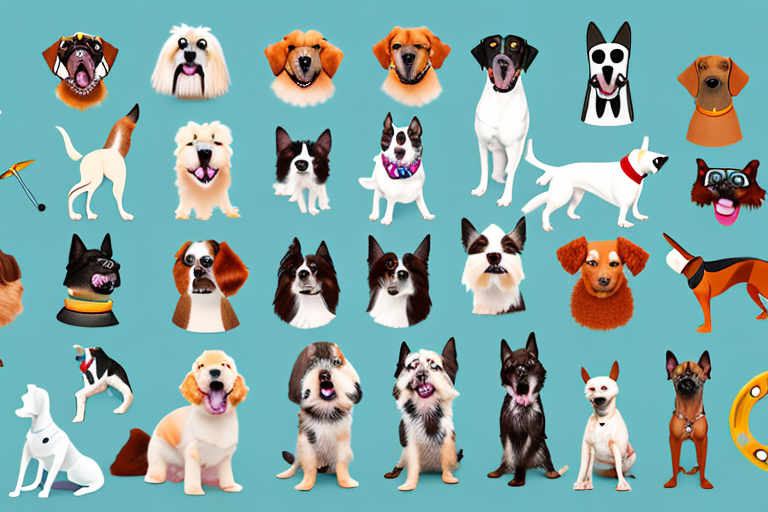 Various popular dog breeds in a playful park setting