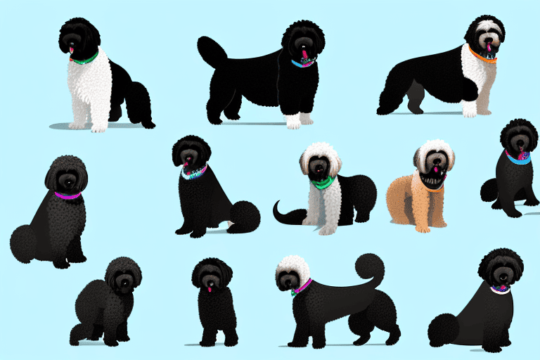 Several distinct types of portuguese water dogs in various poses