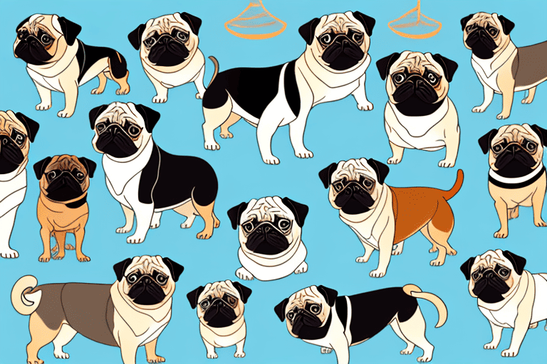 Several distinct types of pug dogs showcasing their unique features and variations in color and size