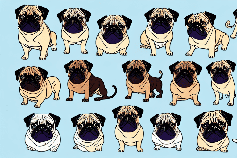 Several distinct types of pug dogs showcasing their unique features and color variations