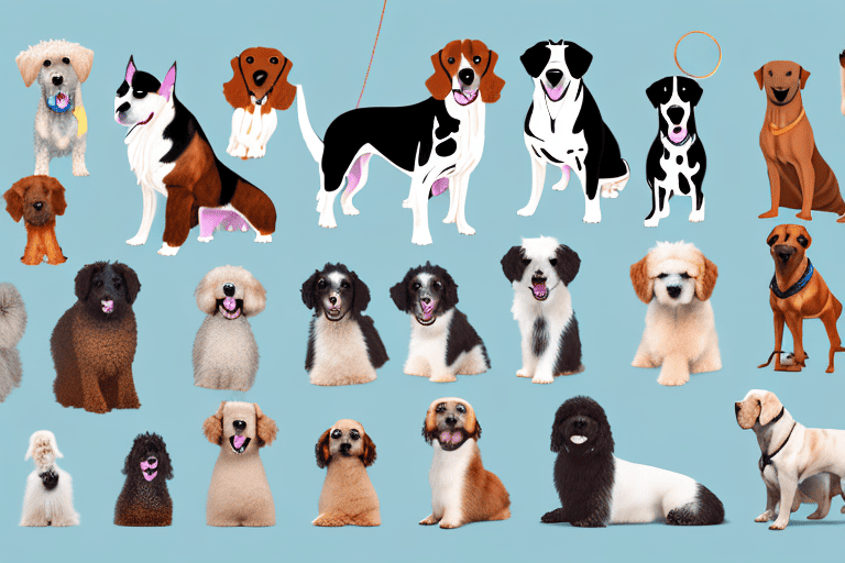 Various breeds of dogs with different types of ringworm spots indicated on their fur