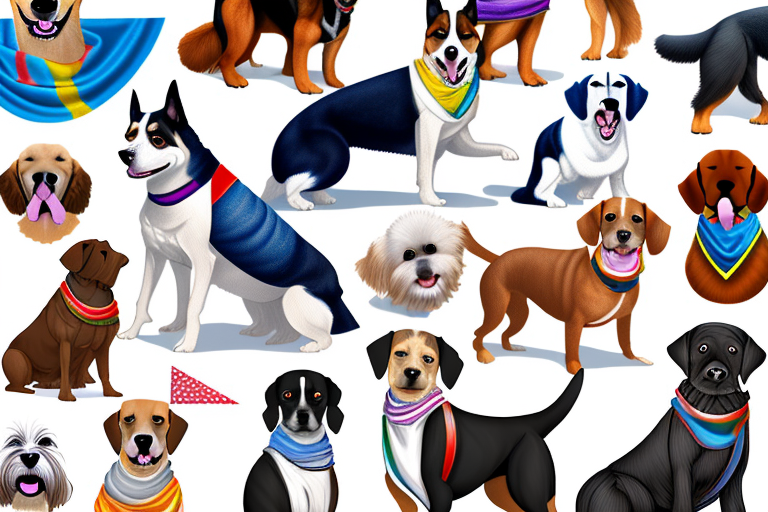 A variety of dog breeds each wearing a bandana made from different types of fabric