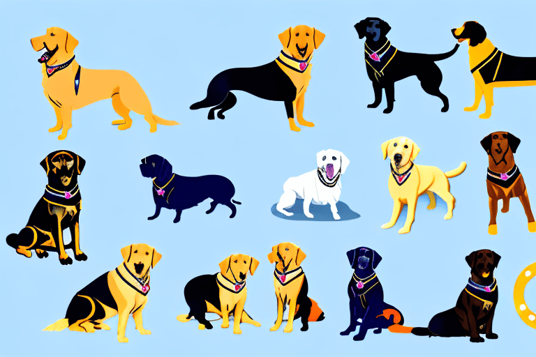 Various breeds of service dogs in different training situations