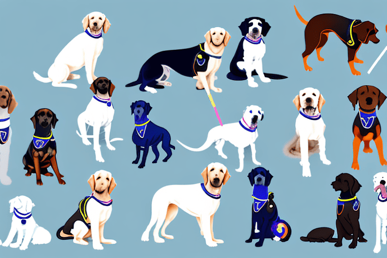 Different breeds of service dogs wearing vests