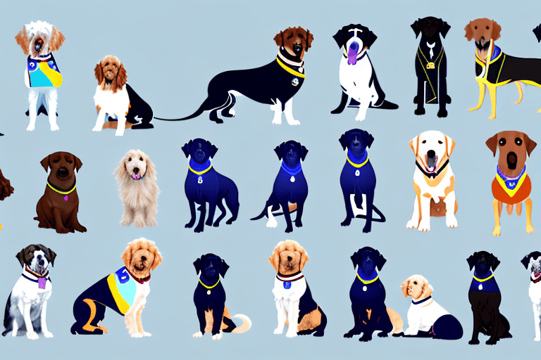 Various breeds of service dogs wearing different types of service vests